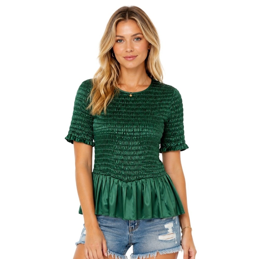 Zara Green Smocked Peplum Top Womens S Ruched Satin Pleated Short Sleeve Party